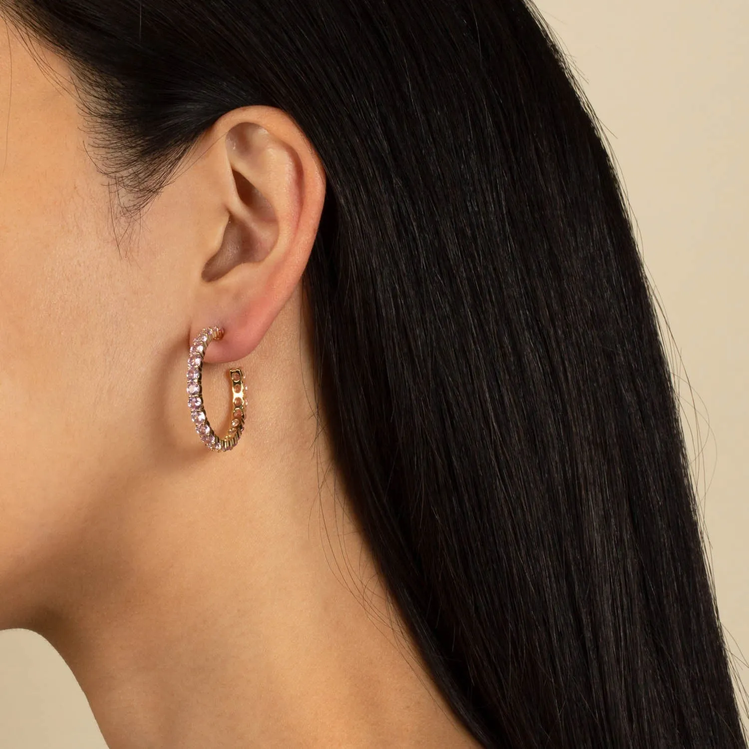 Colored Round Stone Hoop Earring