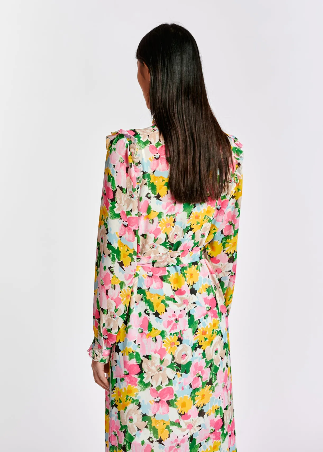 Colorful floral ruffle-detailed shirt dress