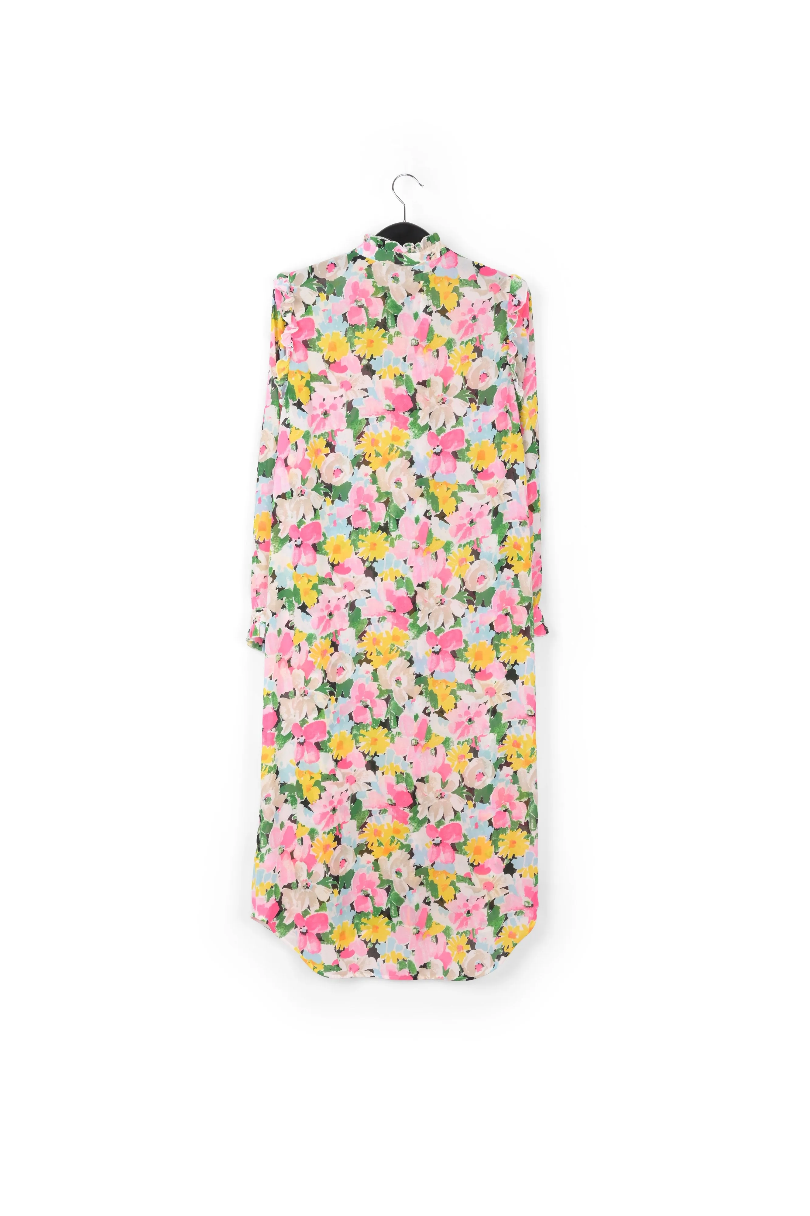 Colorful floral ruffle-detailed shirt dress