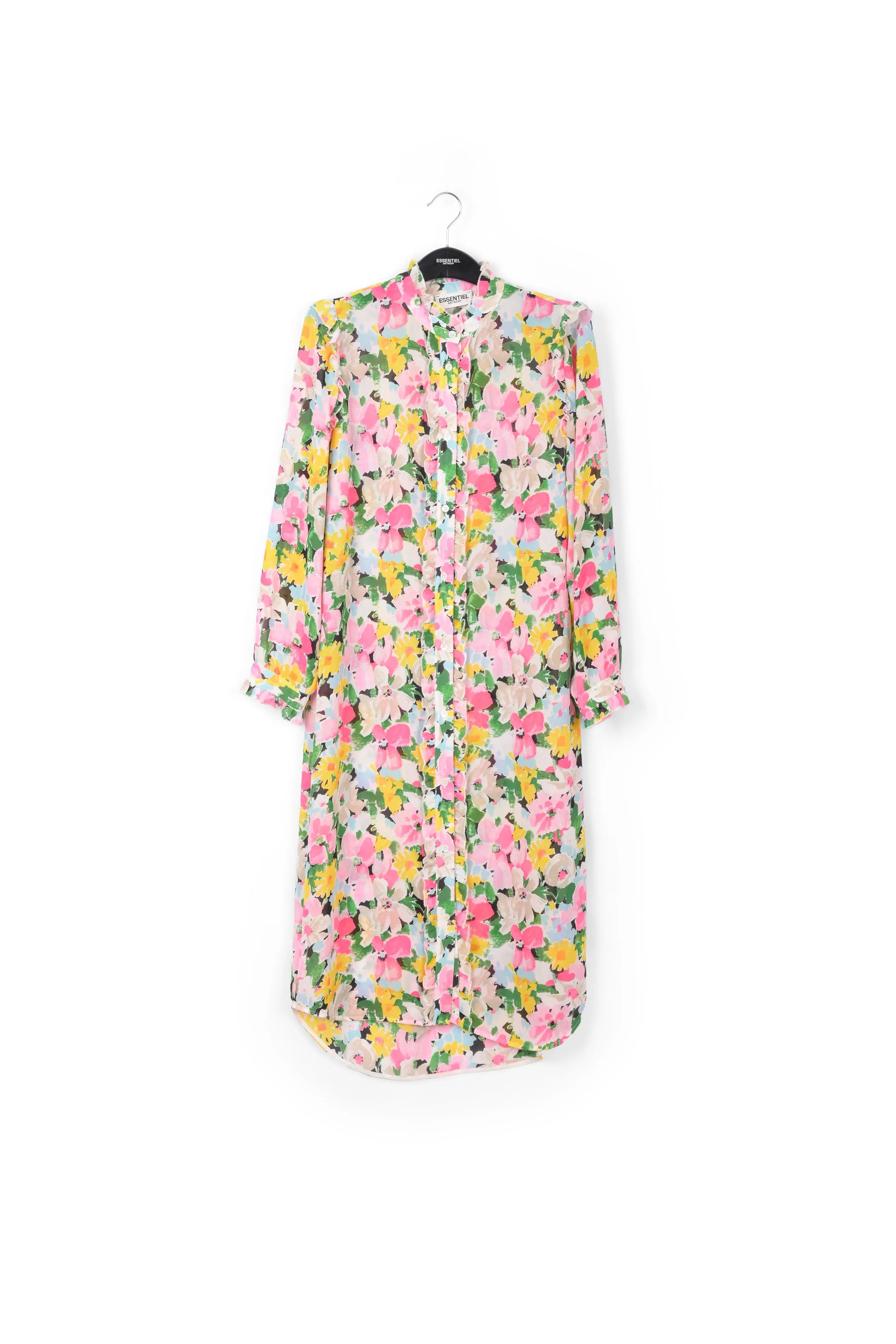 Colorful floral ruffle-detailed shirt dress
