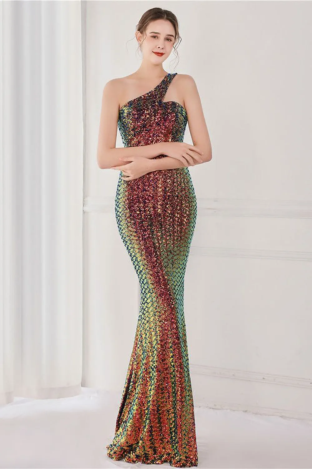 Colorful One Shoulder Sequined Mermaid Evening Dress