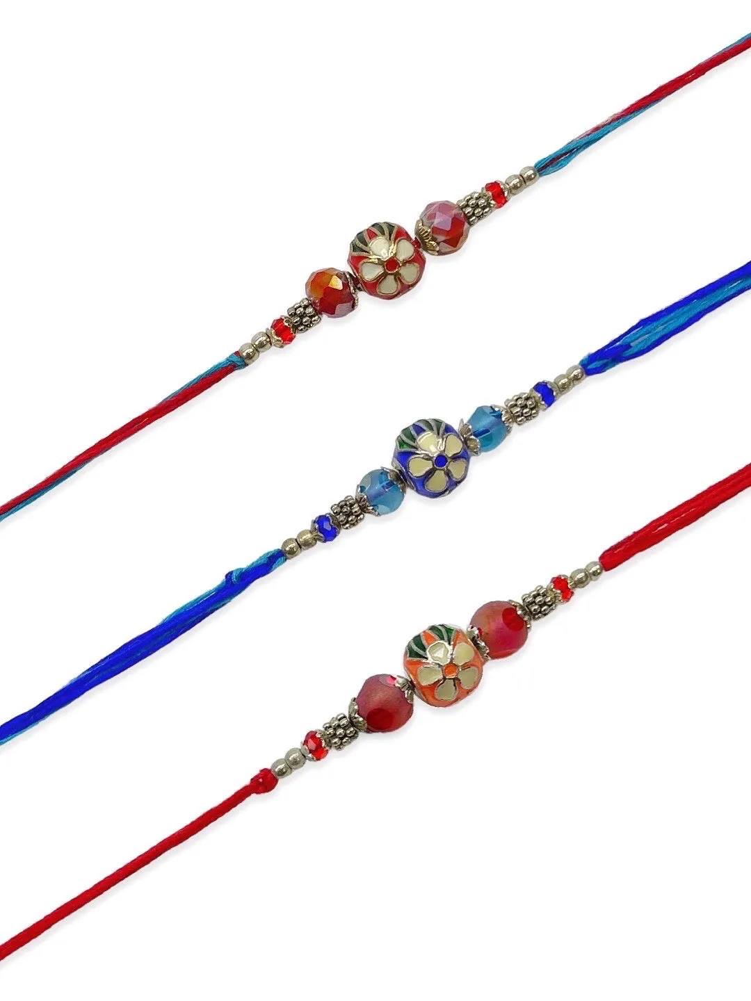 (Combo of 3) Designer Rakhi Meenakari Blue/Navy Blue/Orange Kundan Bead With multicolour Thread Rakhi