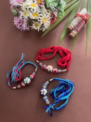 (Combo of 3) Designer Rakhi Meenakari Blue/Navy Blue/Orange Kundan Bead With multicolour Thread Rakhi