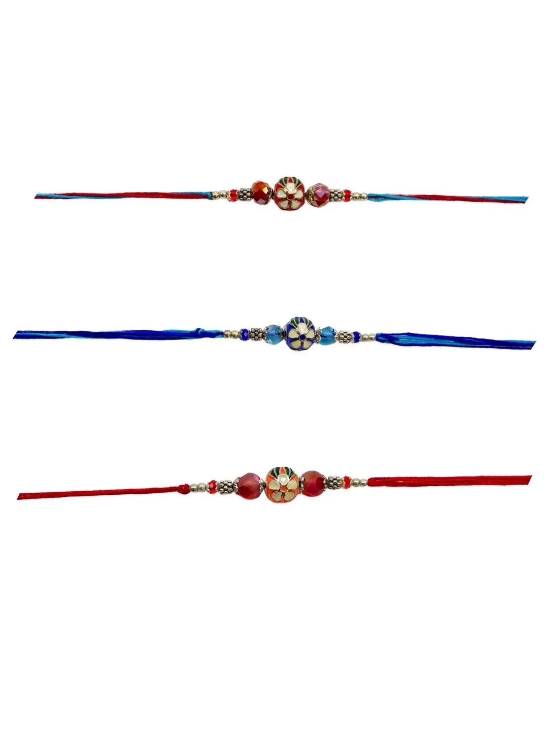 (Combo of 3) Designer Rakhi Meenakari Blue/Navy Blue/Orange Kundan Bead With multicolour Thread Rakhi