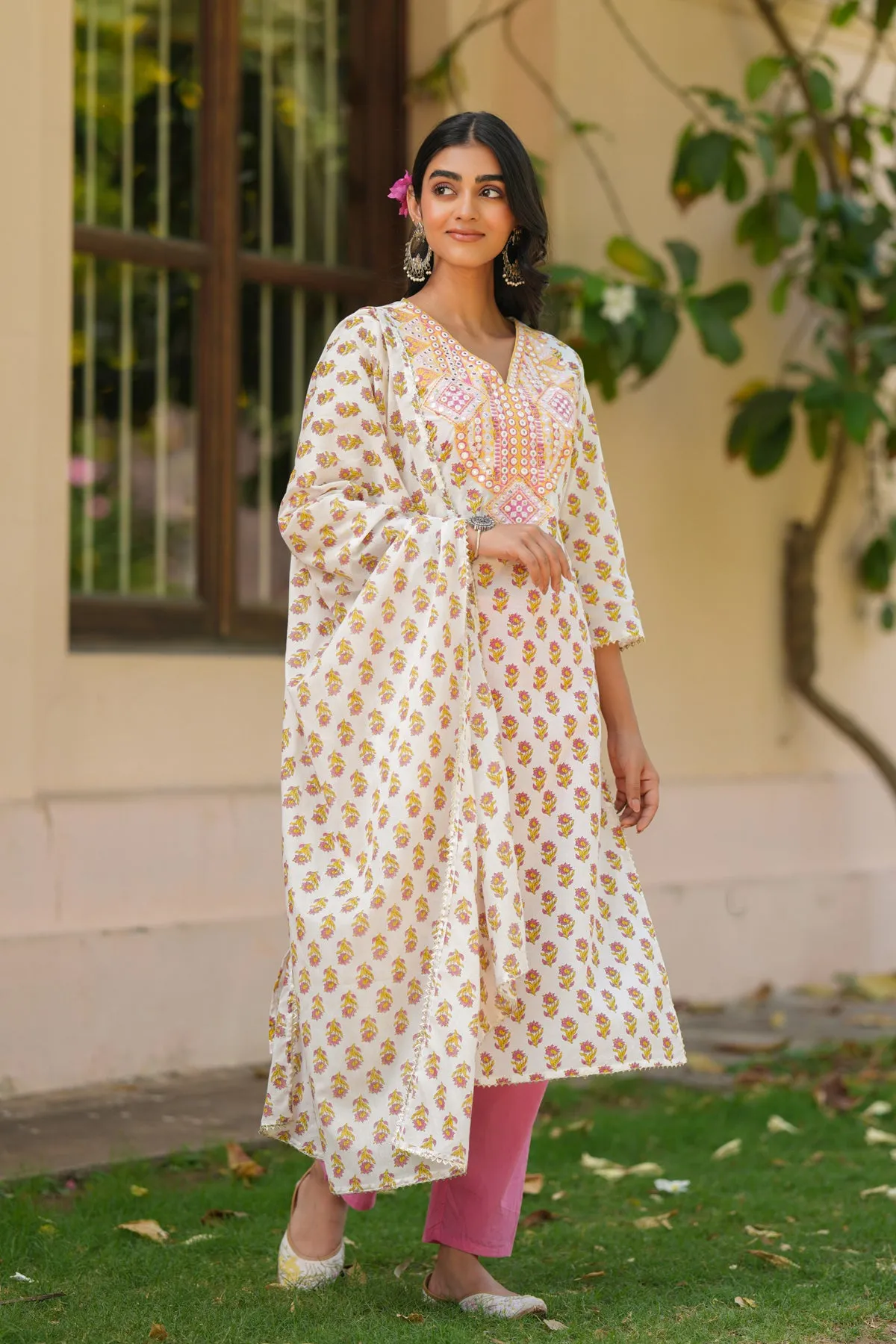 Coral Cotton Cambric Block-Printed Embroidered Straight Suit Set