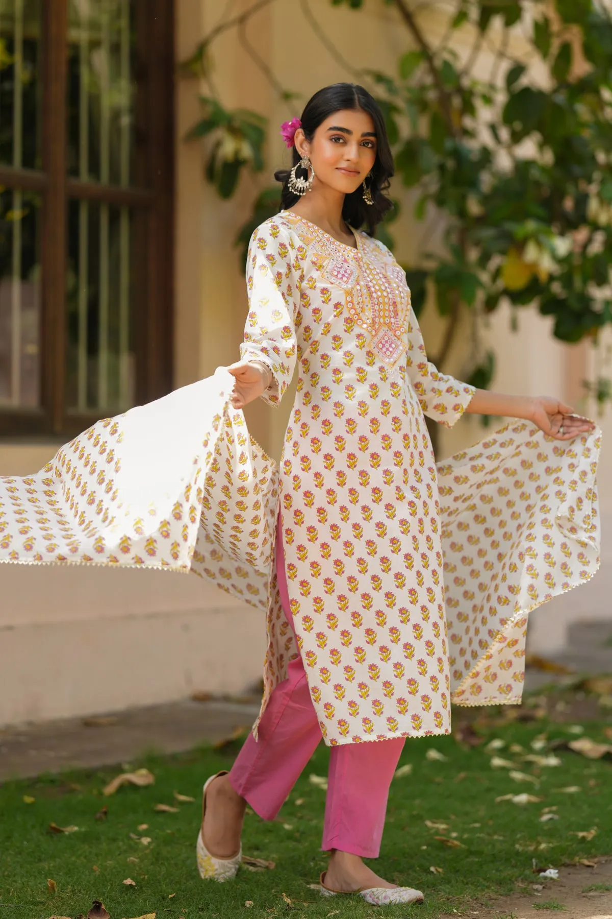 Coral Cotton Cambric Block-Printed Embroidered Straight Suit Set