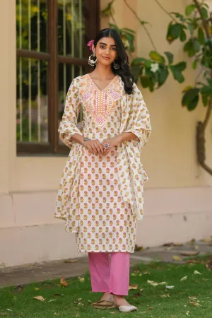Coral Cotton Cambric Block-Printed Embroidered Straight Suit Set