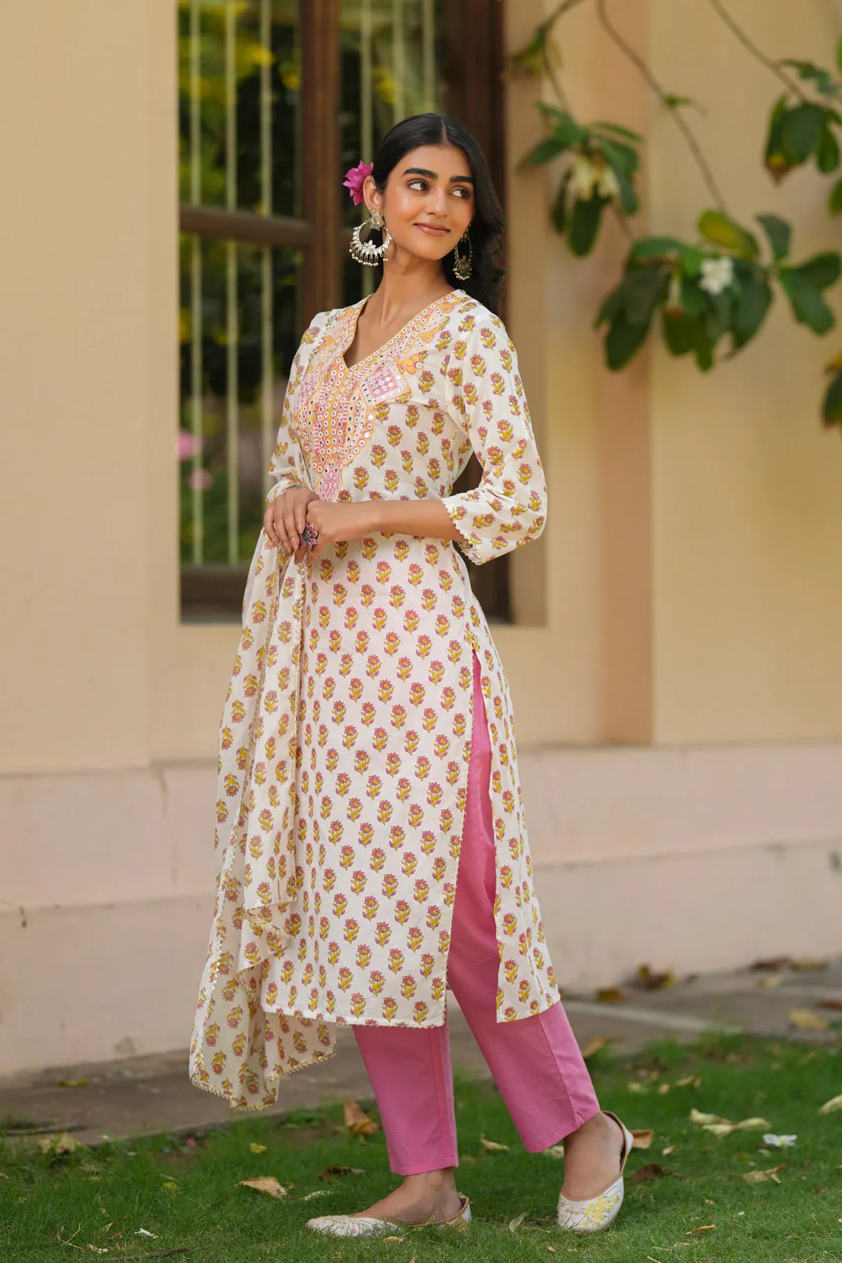 Coral Cotton Cambric Block-Printed Embroidered Straight Suit Set