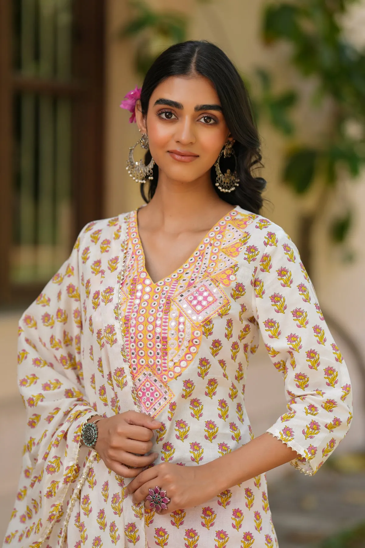 Coral Cotton Cambric Block-Printed Embroidered Straight Suit Set