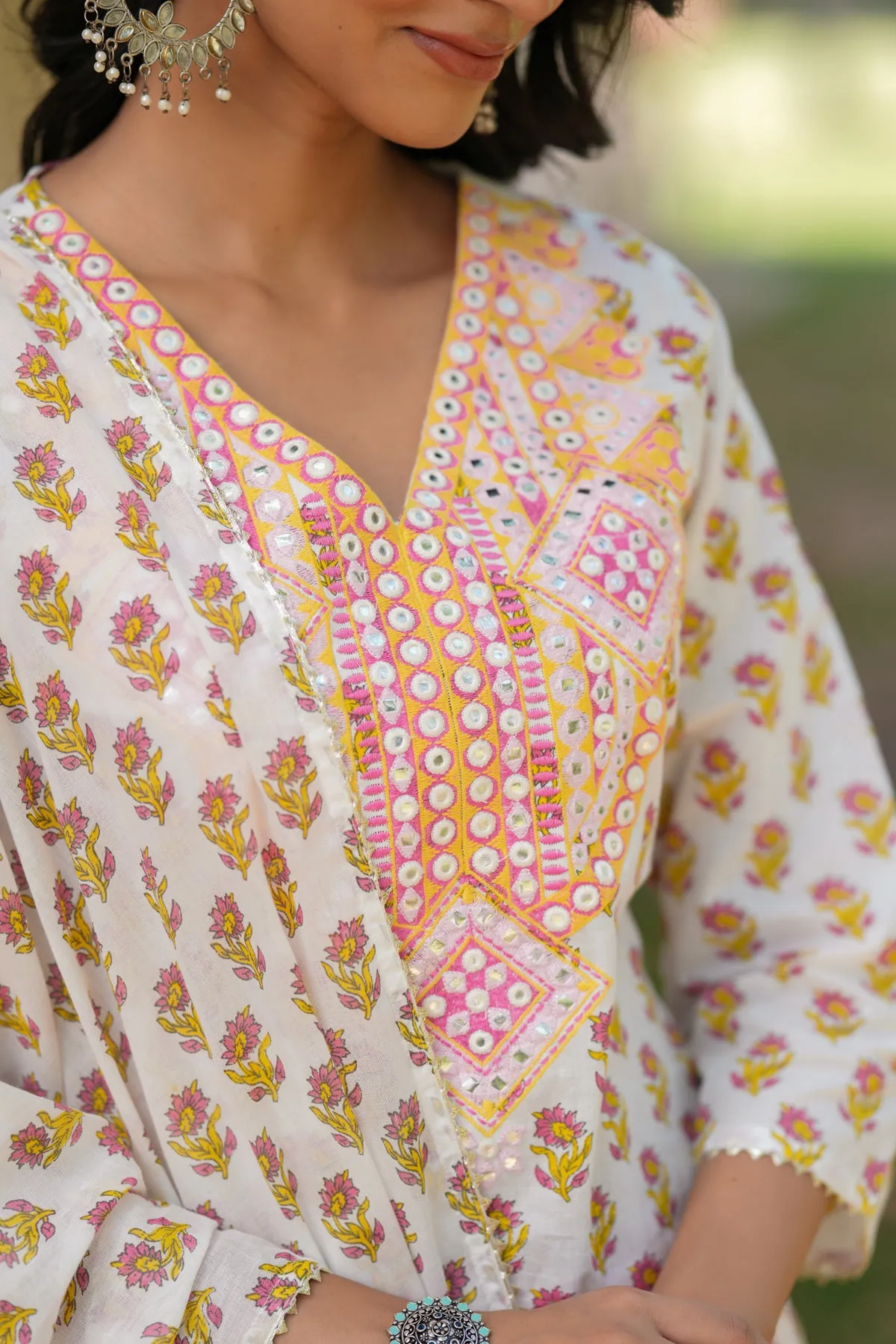 Coral Cotton Cambric Block-Printed Embroidered Straight Suit Set