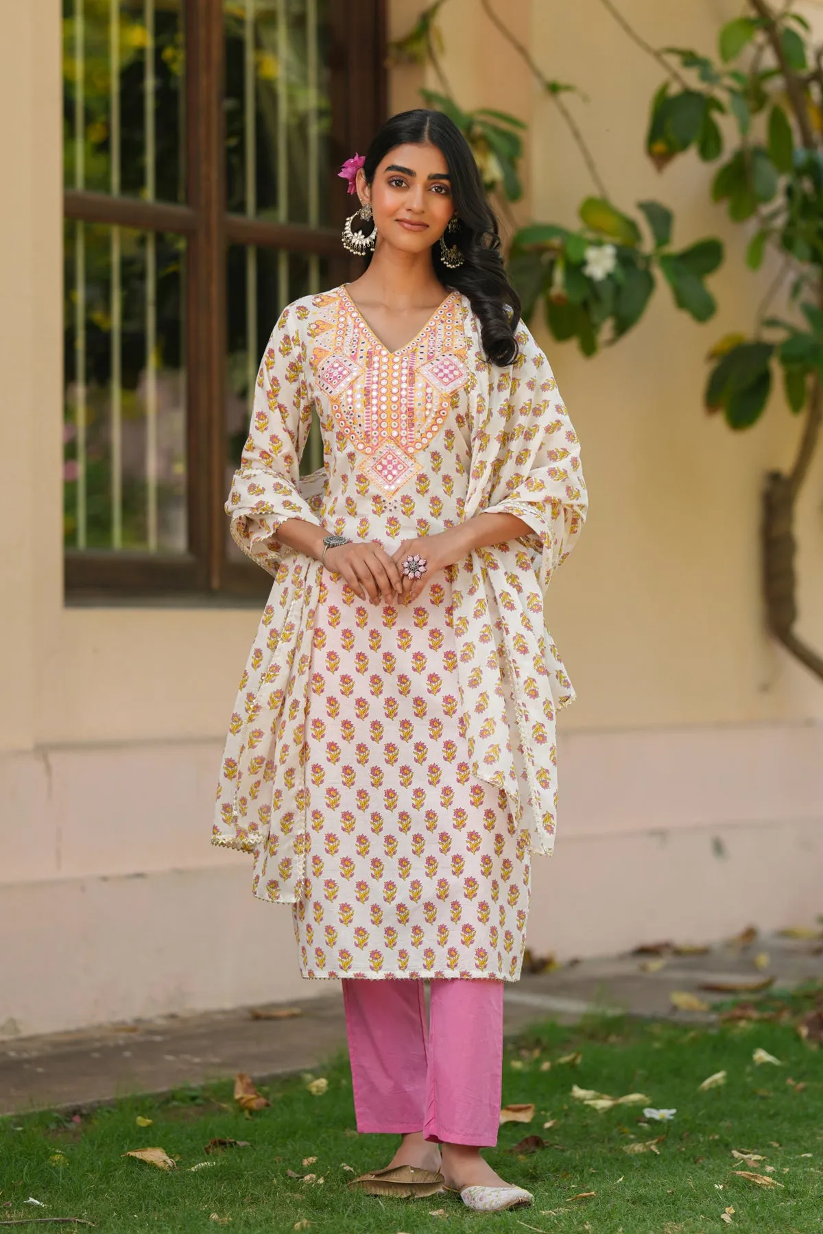 Coral Cotton Cambric Block-Printed Embroidered Straight Suit Set
