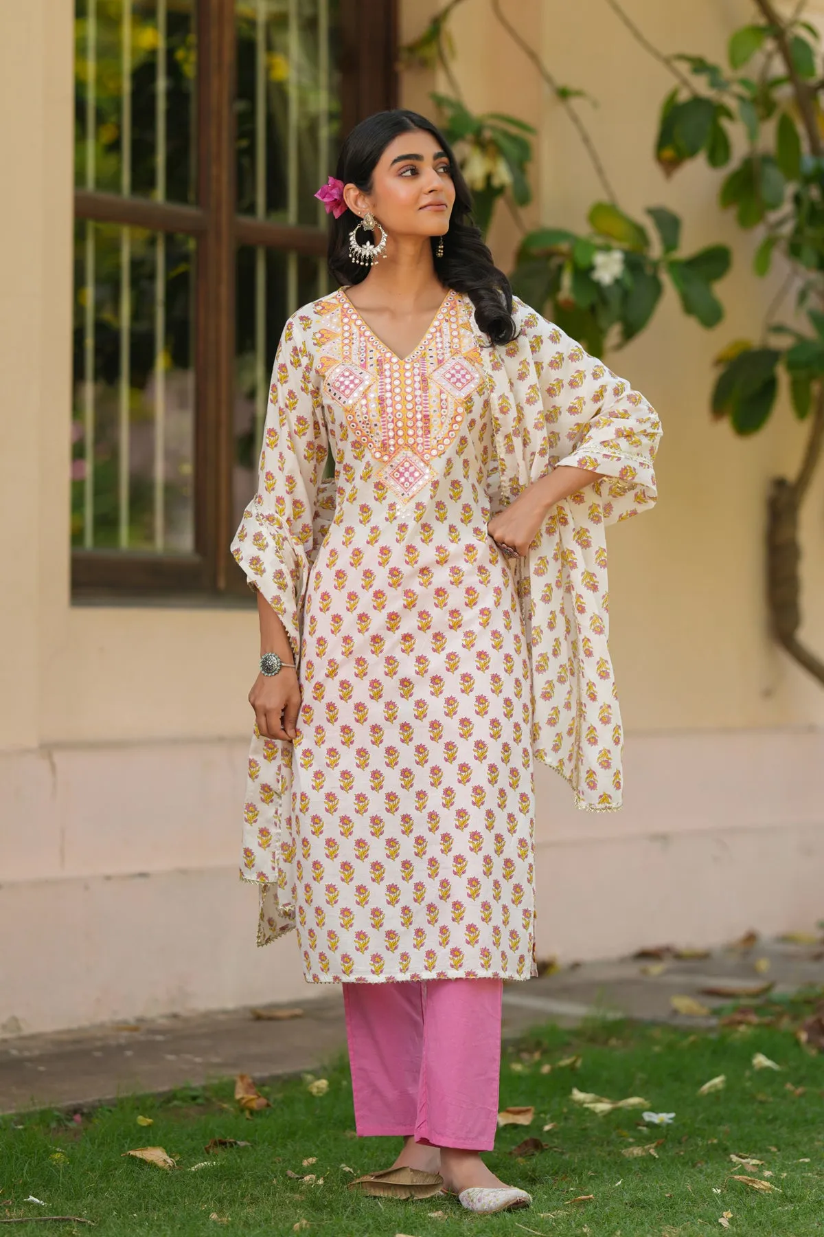 Coral Cotton Cambric Block-Printed Embroidered Straight Suit Set