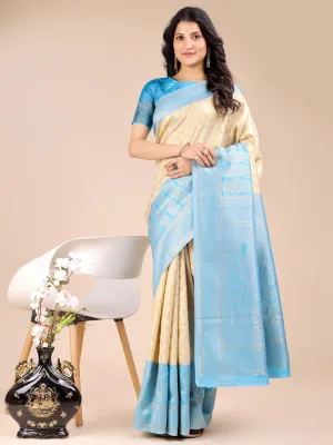 Cream &  Sky Blue Banarasi Silk Saree