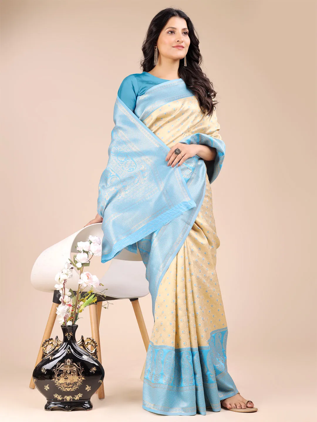 Cream &  Sky Blue Banarasi Silk Saree