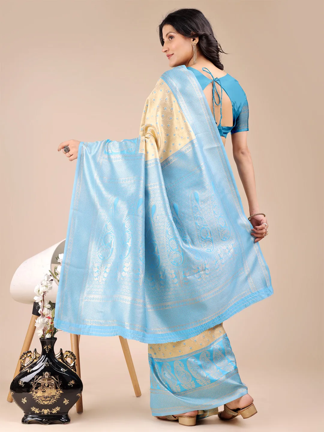 Cream &  Sky Blue Banarasi Silk Saree