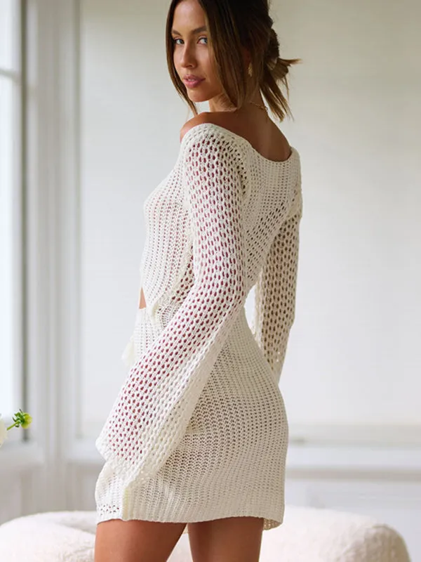 Crochet Knit Mini Dress with Cut-Out and Lace-Up Front
