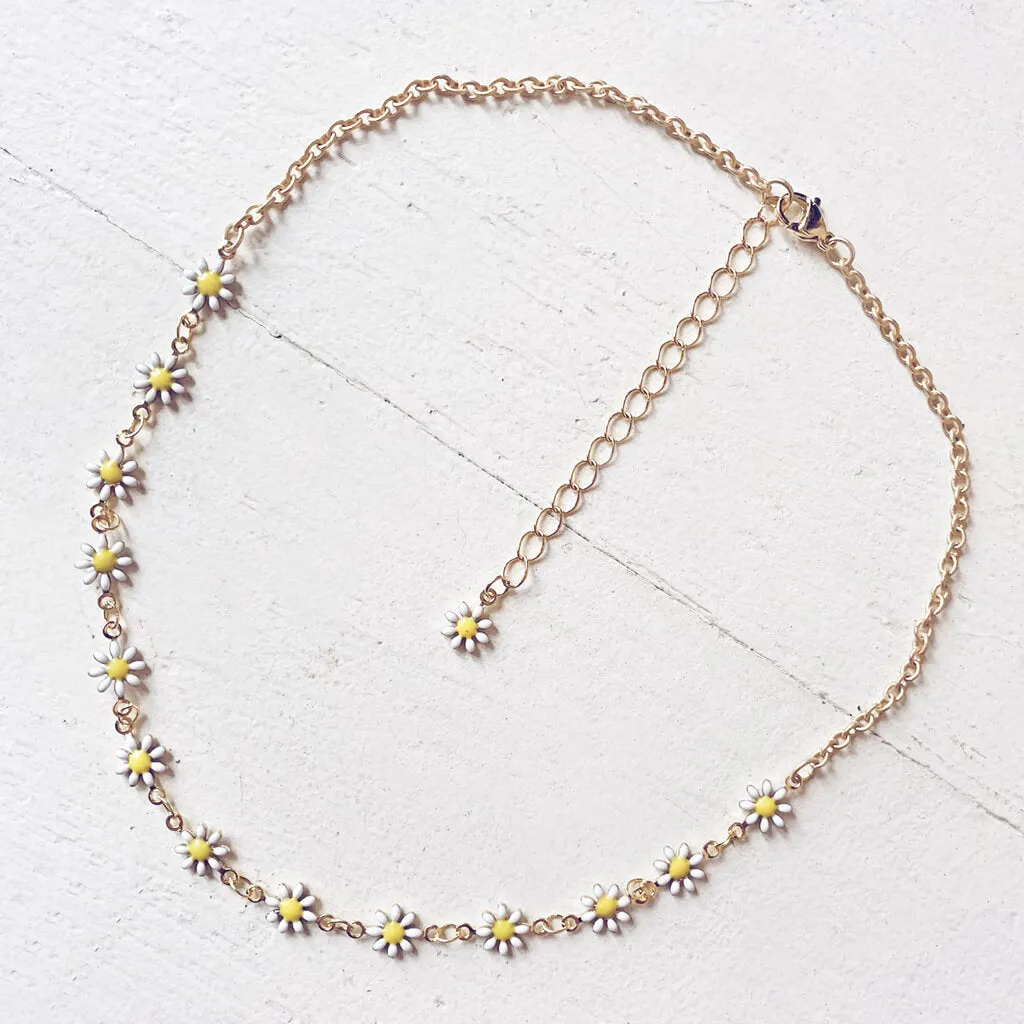 daisy chain choker //  white & yellow enamel flower necklace / wrap bracelet