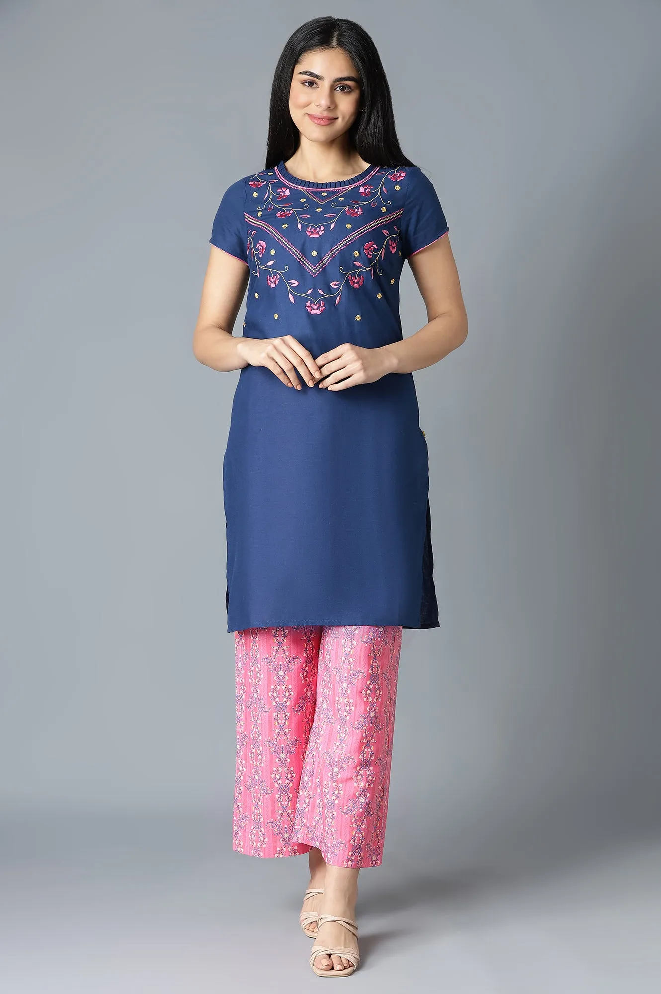 Dark Blue Embroidered kurta In Round Neck With Pink Straight Palazzo
