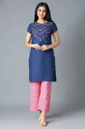Dark Blue Embroidered kurta In Round Neck With Pink Straight Palazzo