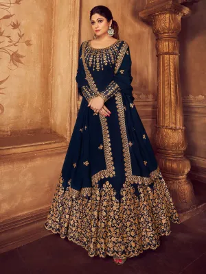 Dark Blue Golden Traditional Party Wear Anarkali Suit