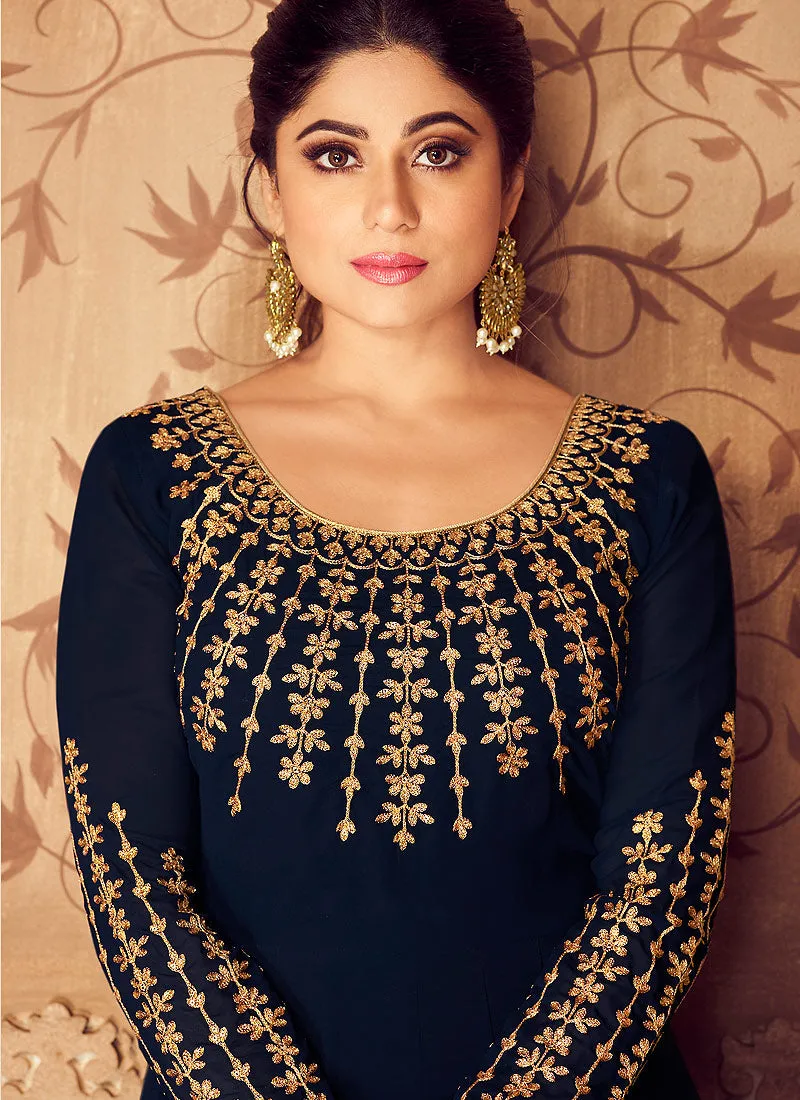Dark Blue Golden Traditional Party Wear Anarkali Suit