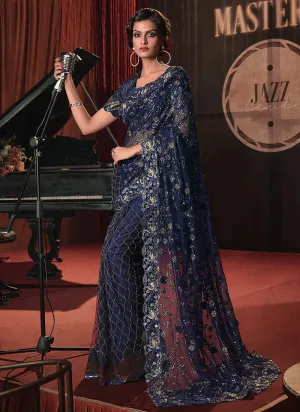 Dark Blue Sequence And Appliqué Embroidery Wedding Saree