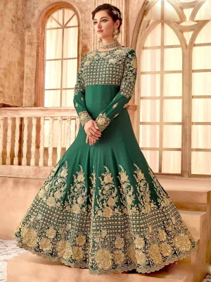Dark Green And Gold Ethnic Style Flared Anarkali Suit