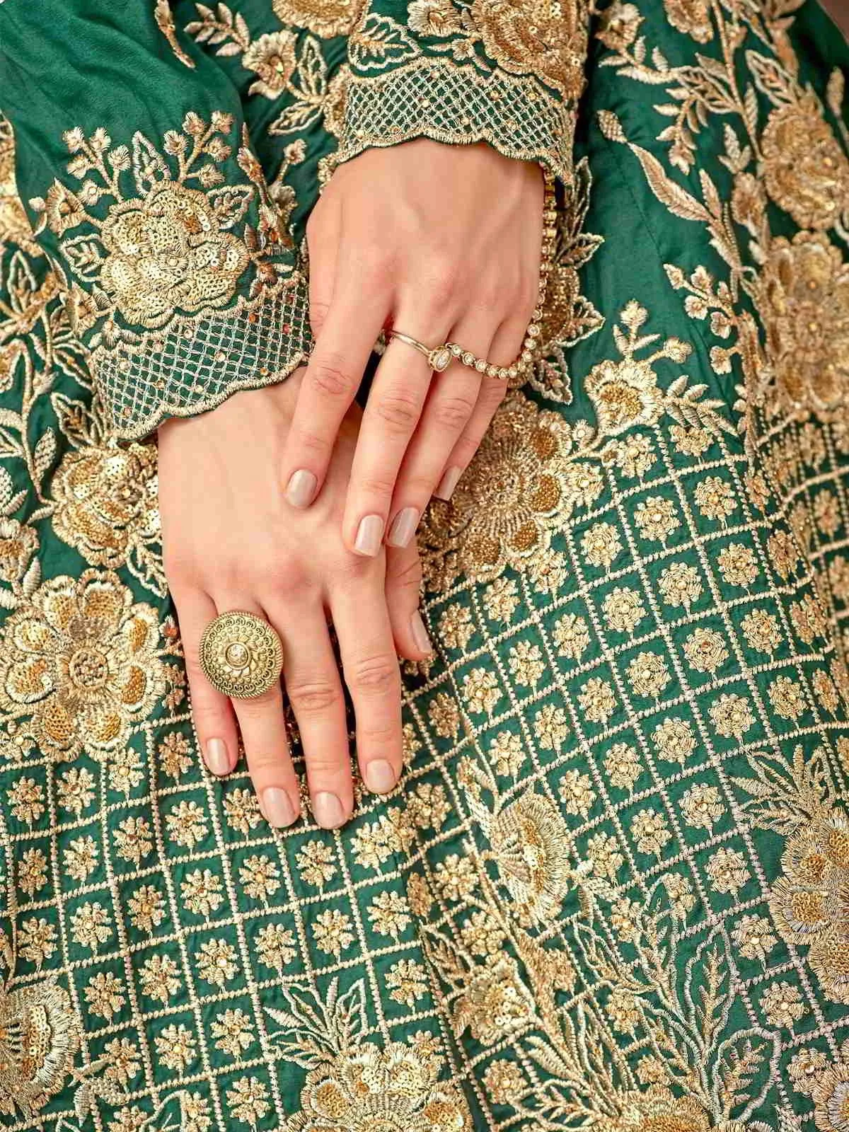 Dark Green And Gold Ethnic Style Flared Anarkali Suit