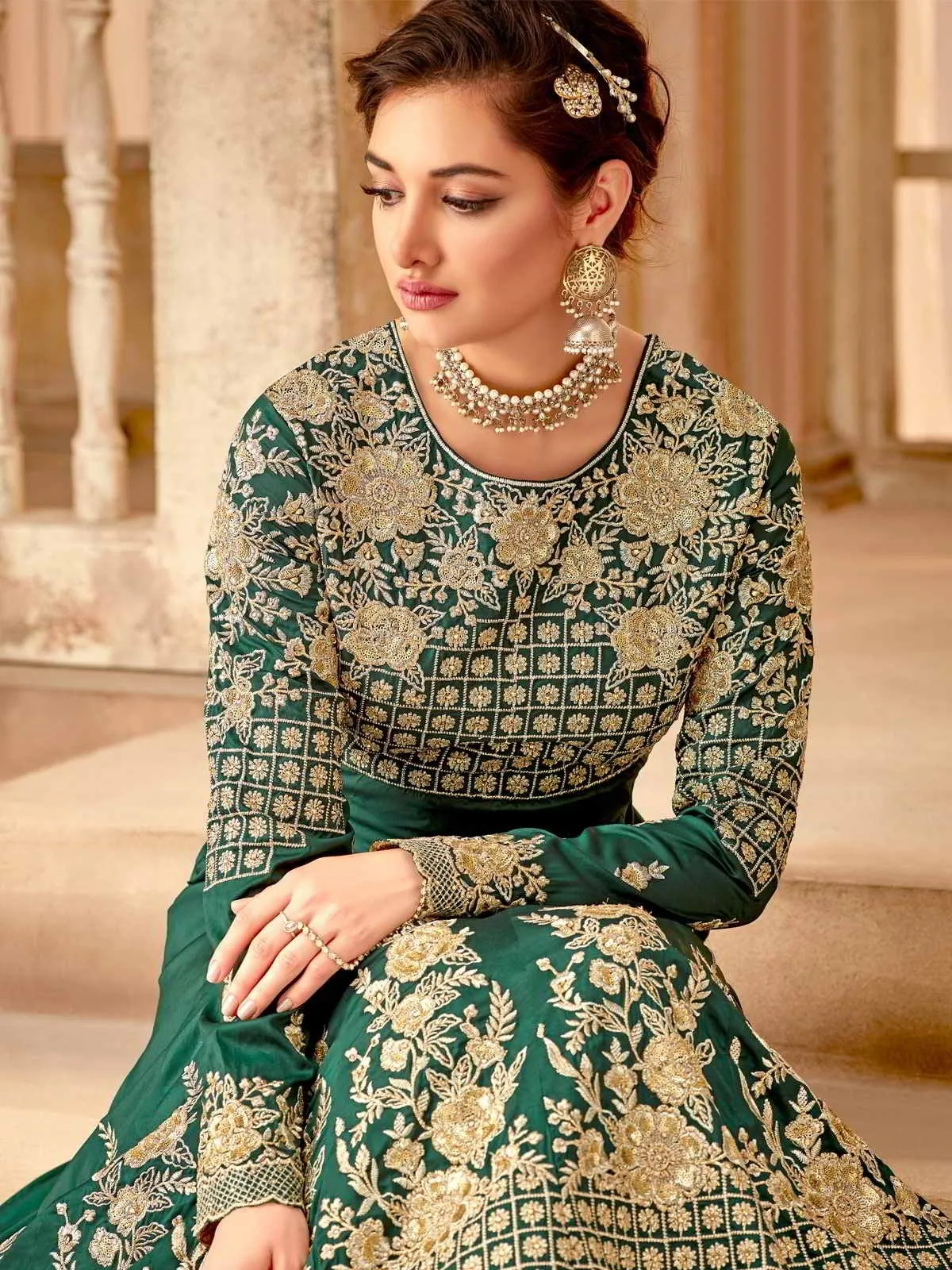 Dark Green And Gold Ethnic Style Flared Anarkali Suit