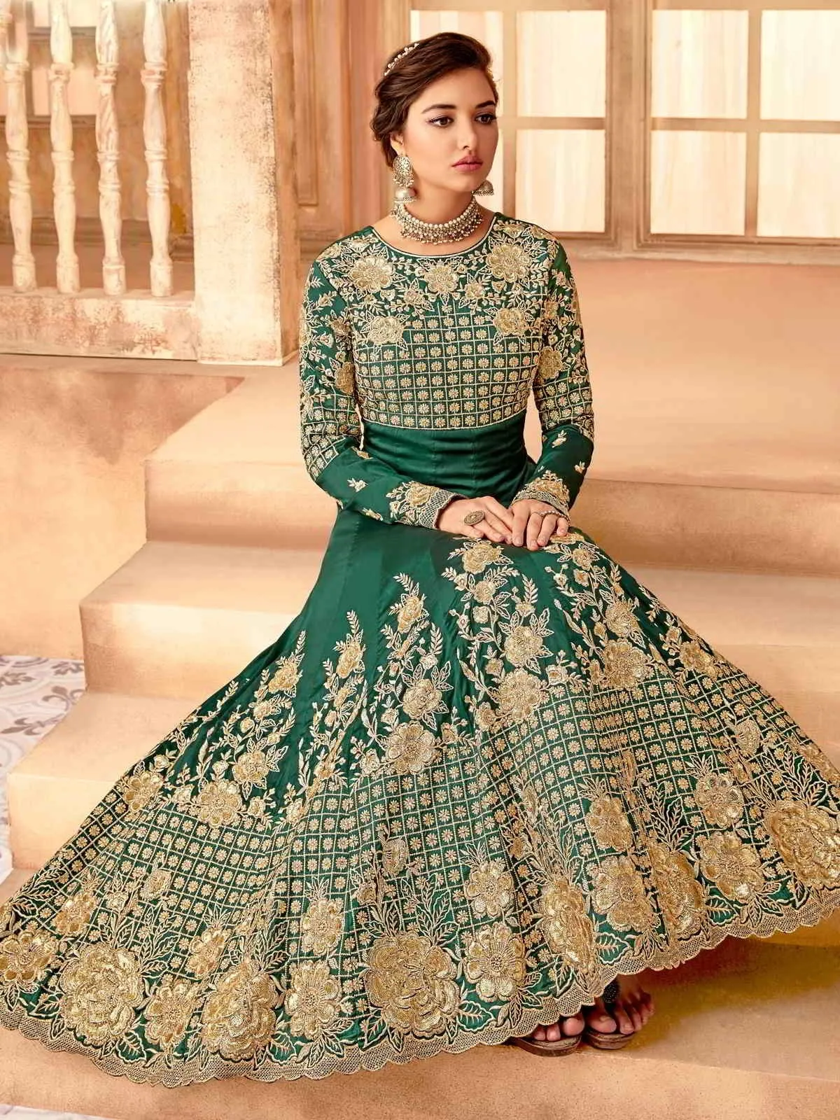 Dark Green And Gold Ethnic Style Flared Anarkali Suit