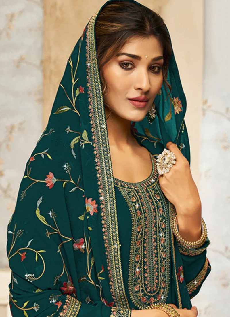 Dark Green Multi Embroidery Traditional Palazzo Suit