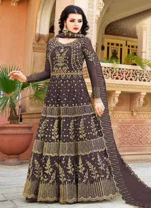 Dark Purple Golden Embroidered Designer Anarkali Suit