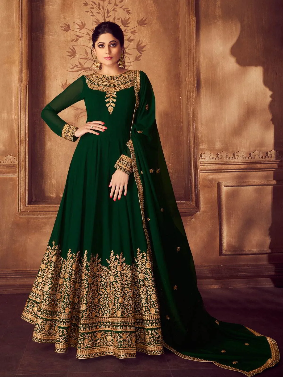 Deep Green Golden Traditional Party Wear Anarkali Suit