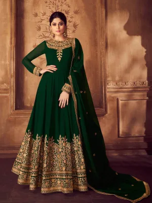 Deep Green Golden Traditional Party Wear Anarkali Suit