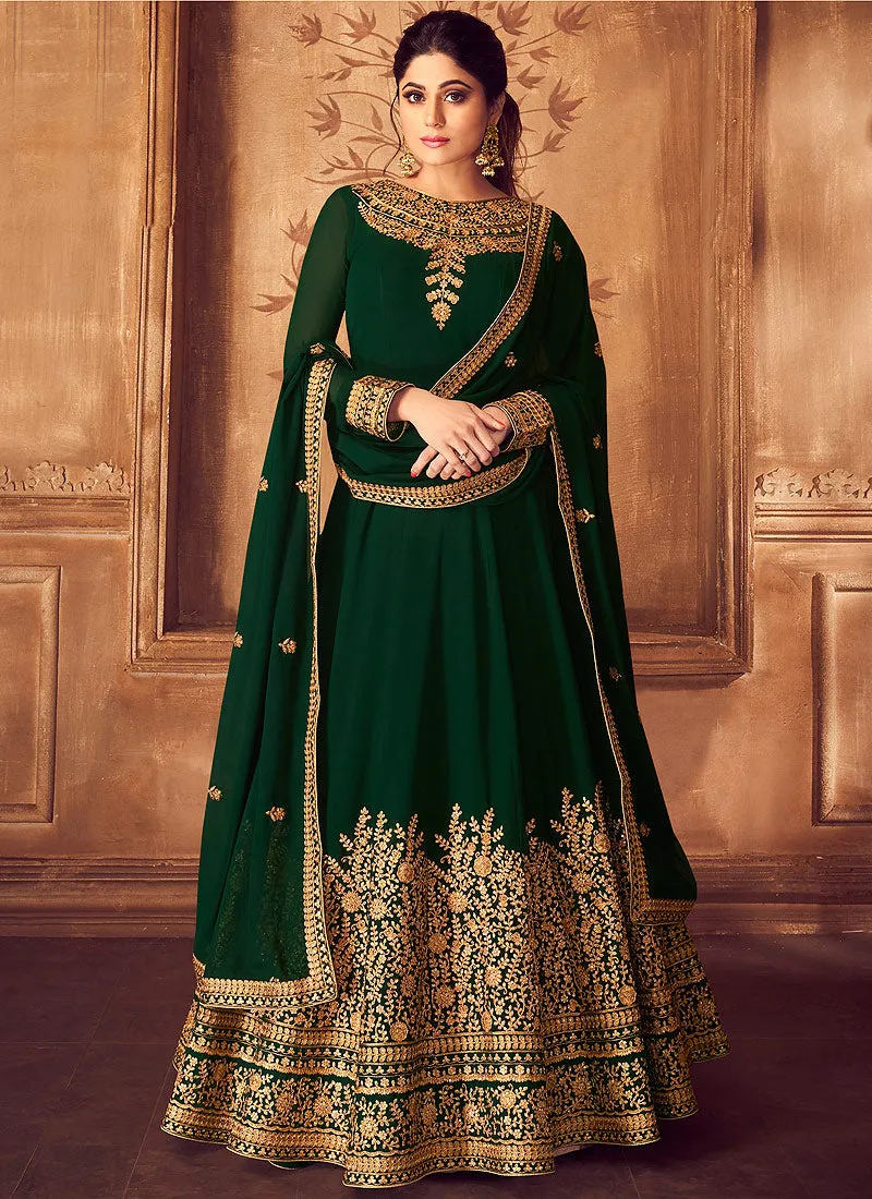 Deep Green Golden Traditional Party Wear Anarkali Suit