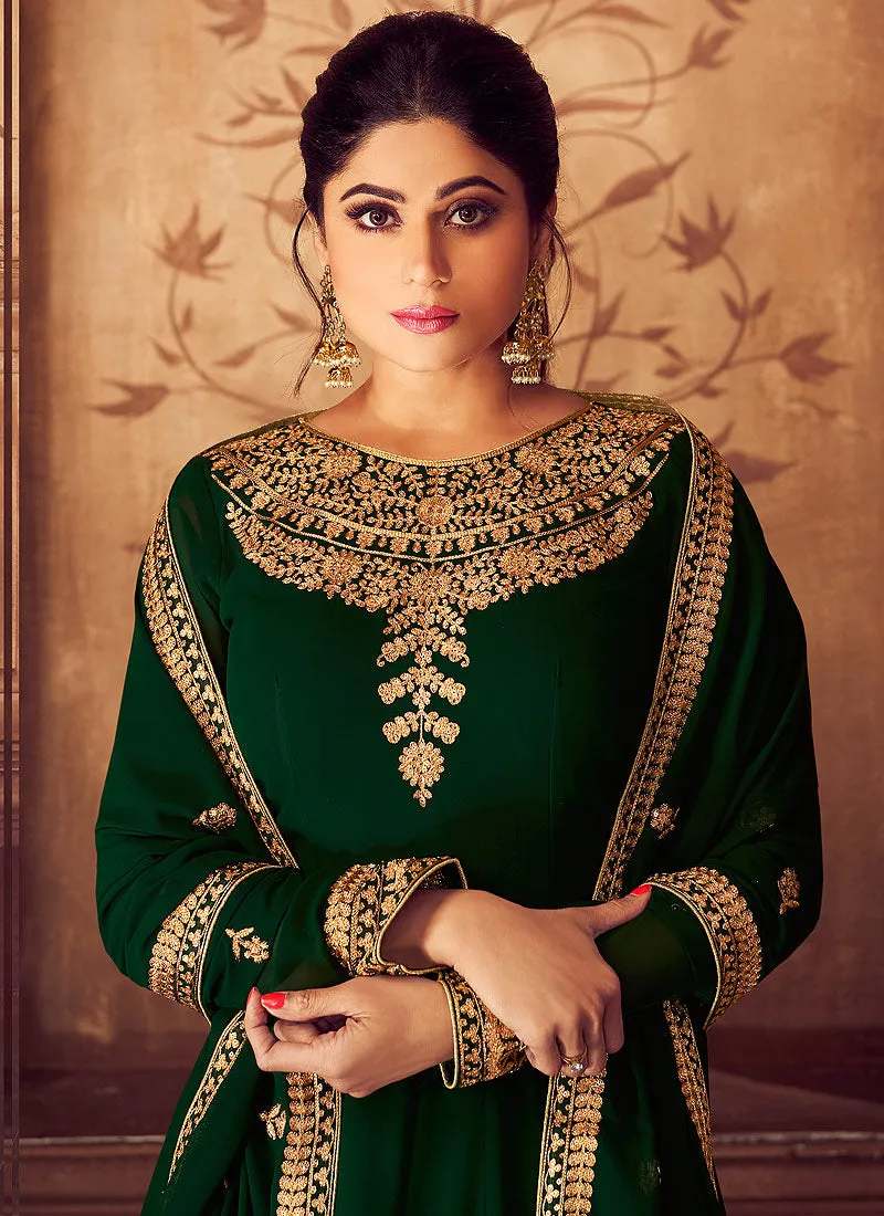 Deep Green Golden Traditional Party Wear Anarkali Suit