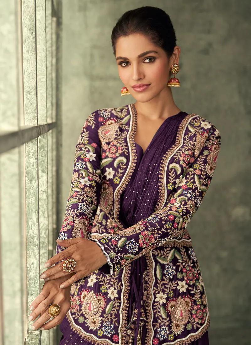 Deep Purple Multi Embroidery Saree Gown With Jacket