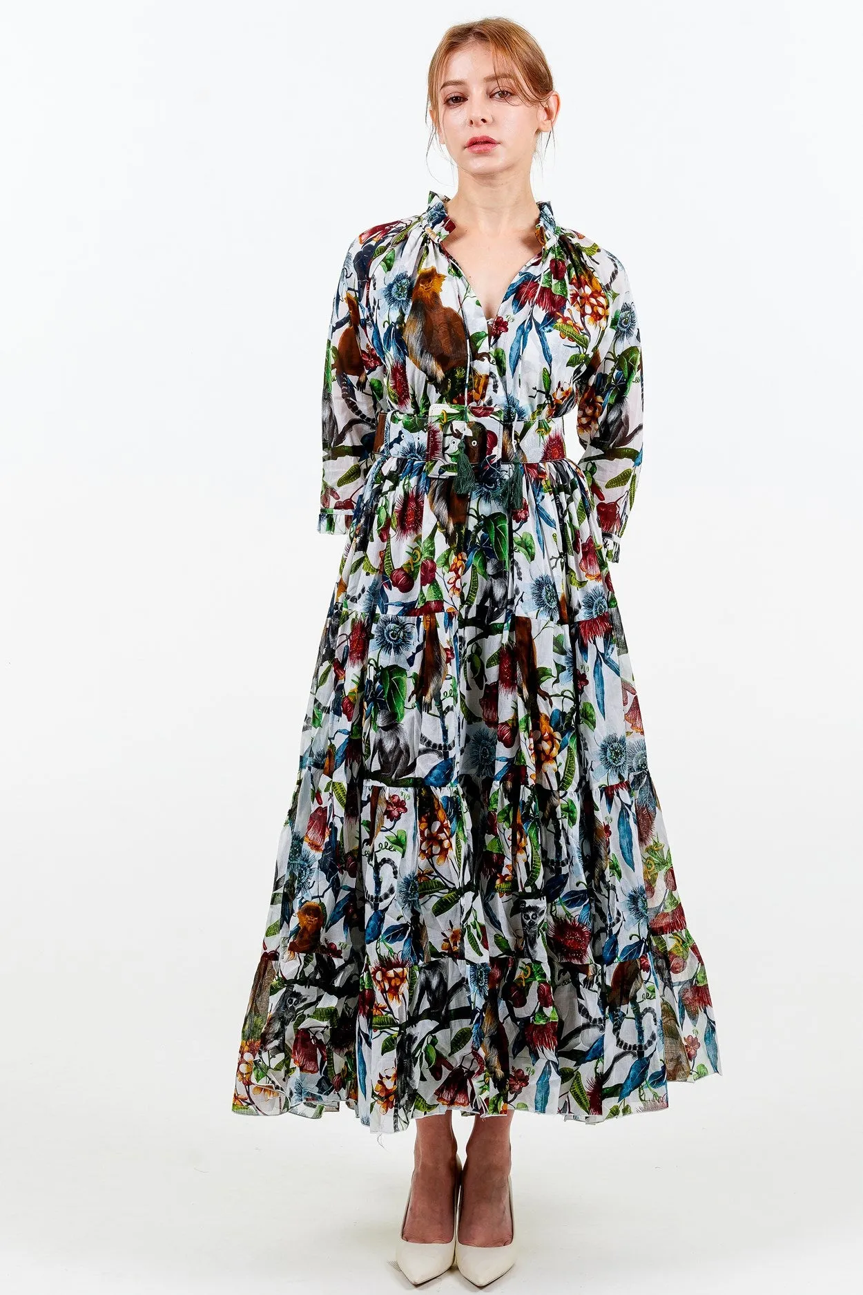 Eden Dress Crew Neck 3/4 Sleeve with Hamilton Belt Maxi Length Linen (Minty Monkey)