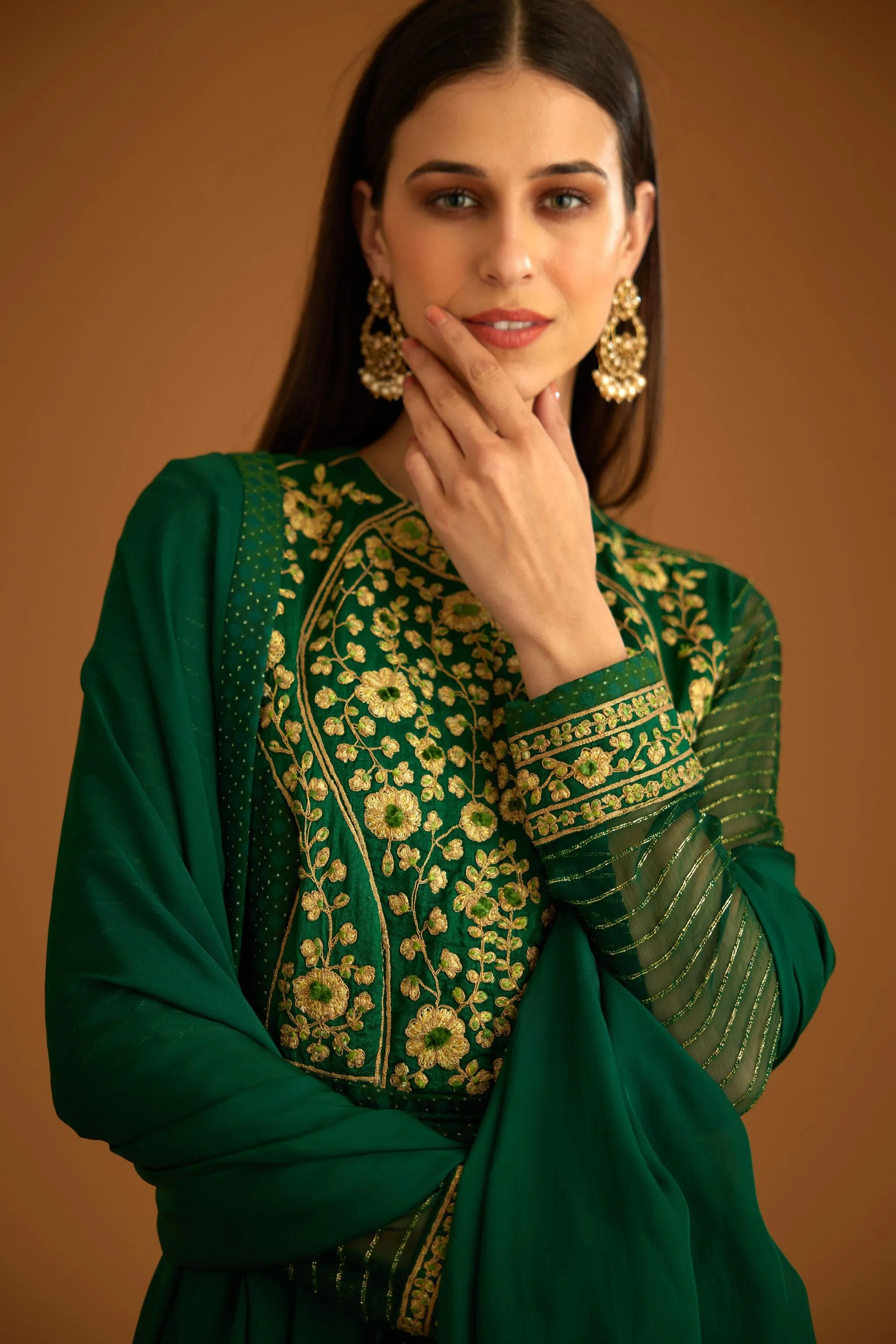 Emerald green embroidered anarkali set