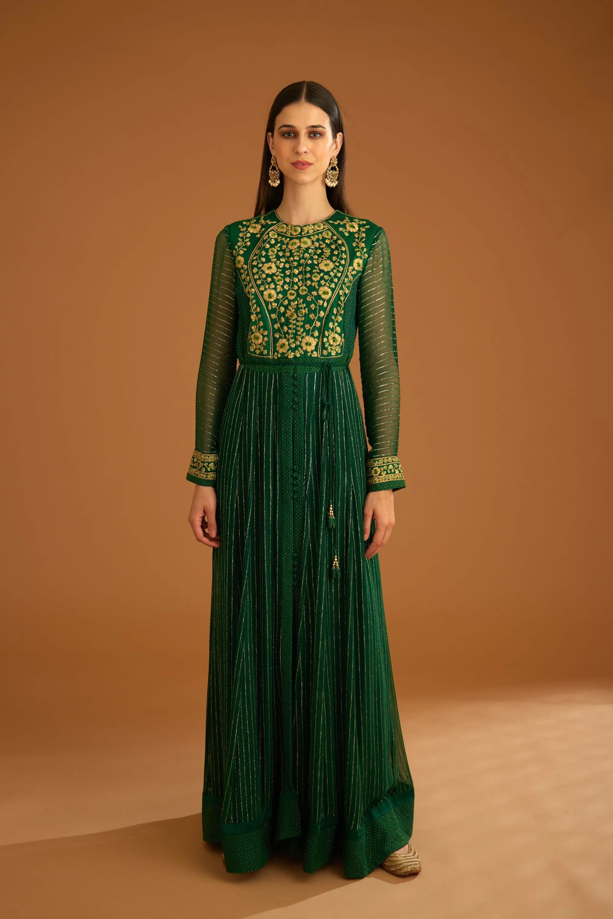 Emerald green embroidered anarkali set