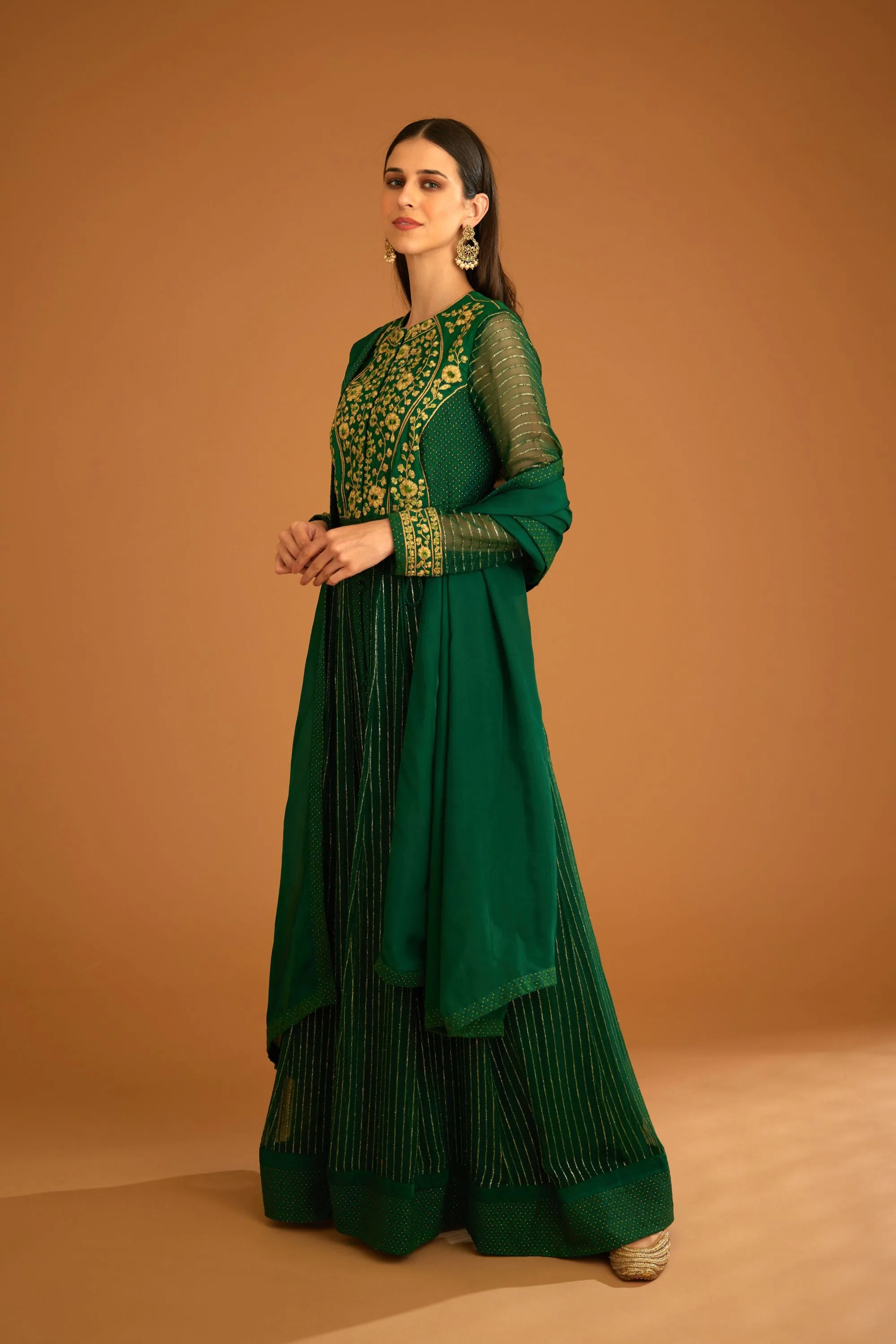 Emerald green embroidered anarkali set