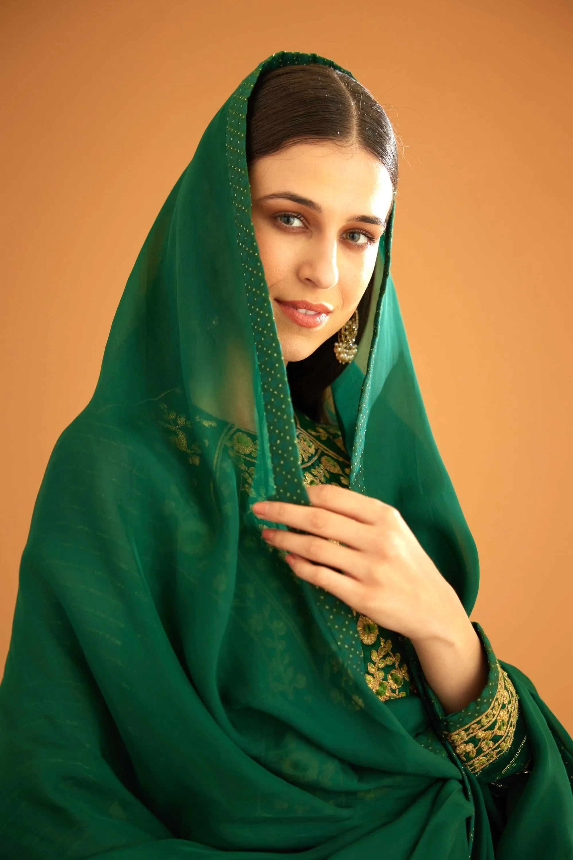 Emerald green embroidered anarkali set