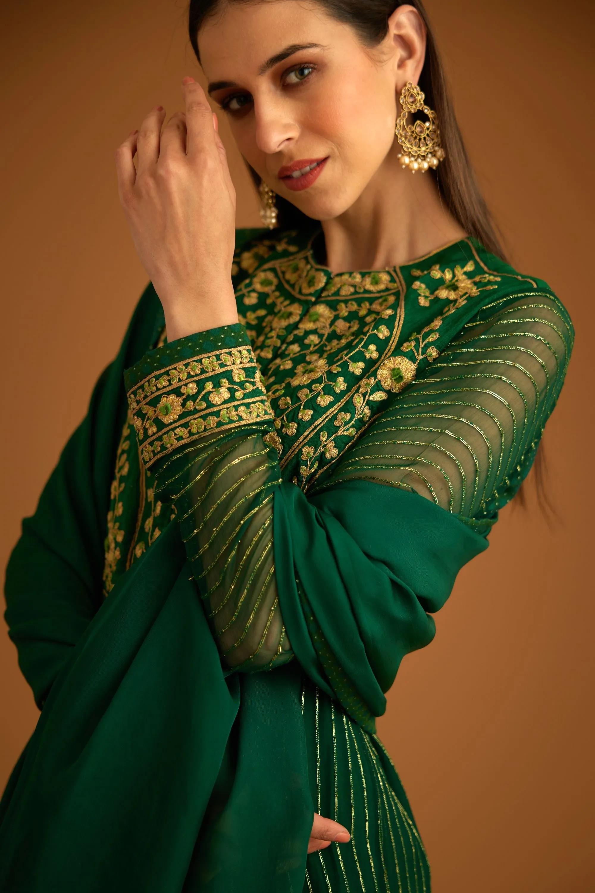 Emerald green embroidered anarkali set