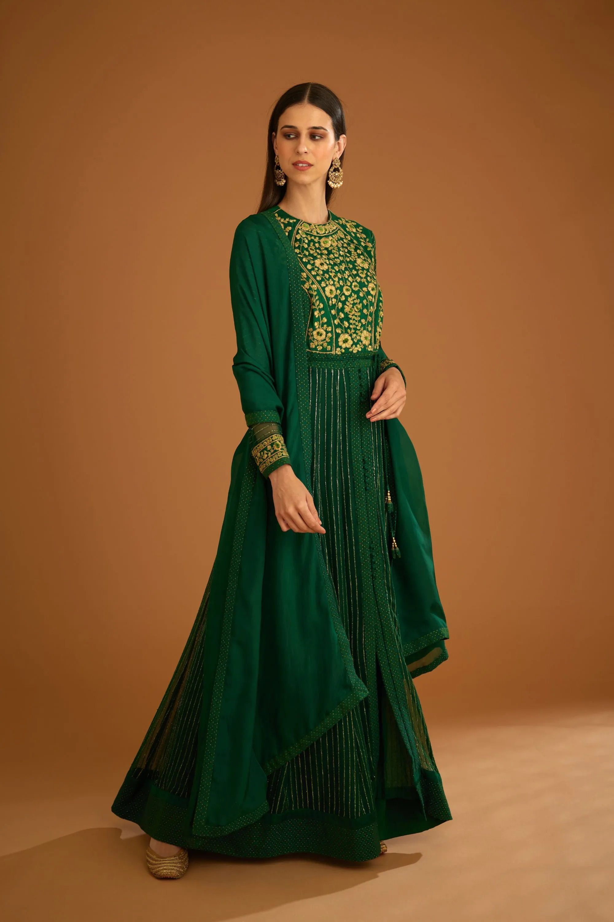 Emerald green embroidered anarkali set