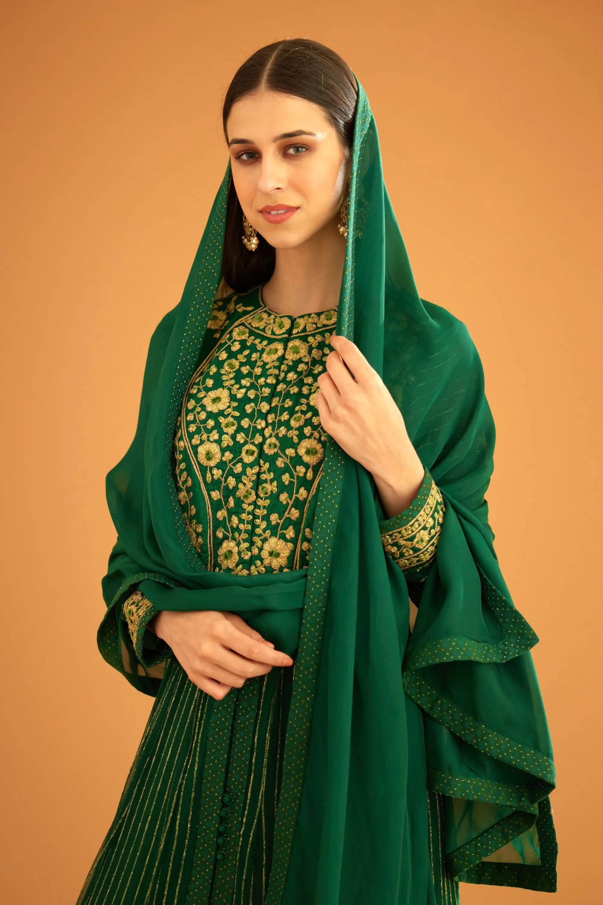 Emerald green embroidered anarkali set