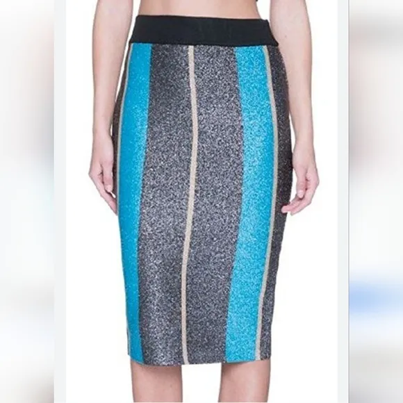 Endless Rose Color Block Black Gold Turquoise Metallic Midi Pencil Skirt Medium