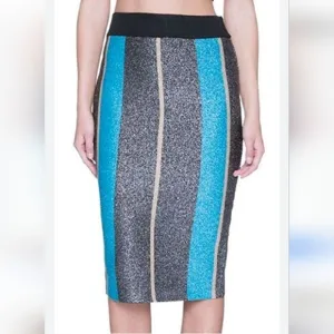 Endless Rose Color Block Black Gold Turquoise Metallic Midi Pencil Skirt Medium