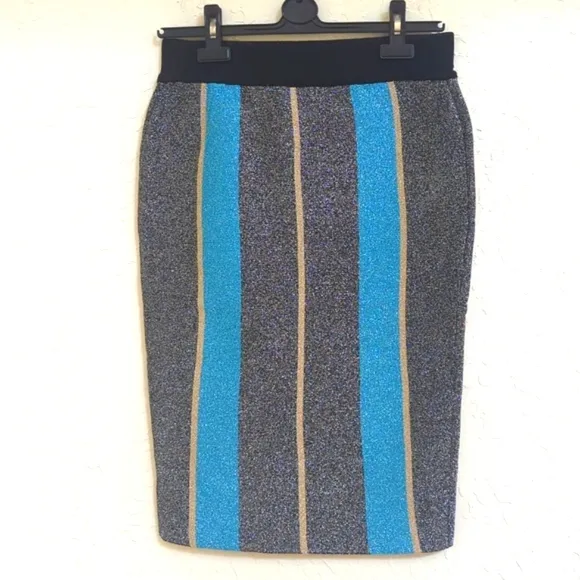 Endless Rose Color Block Black Gold Turquoise Metallic Midi Pencil Skirt Medium
