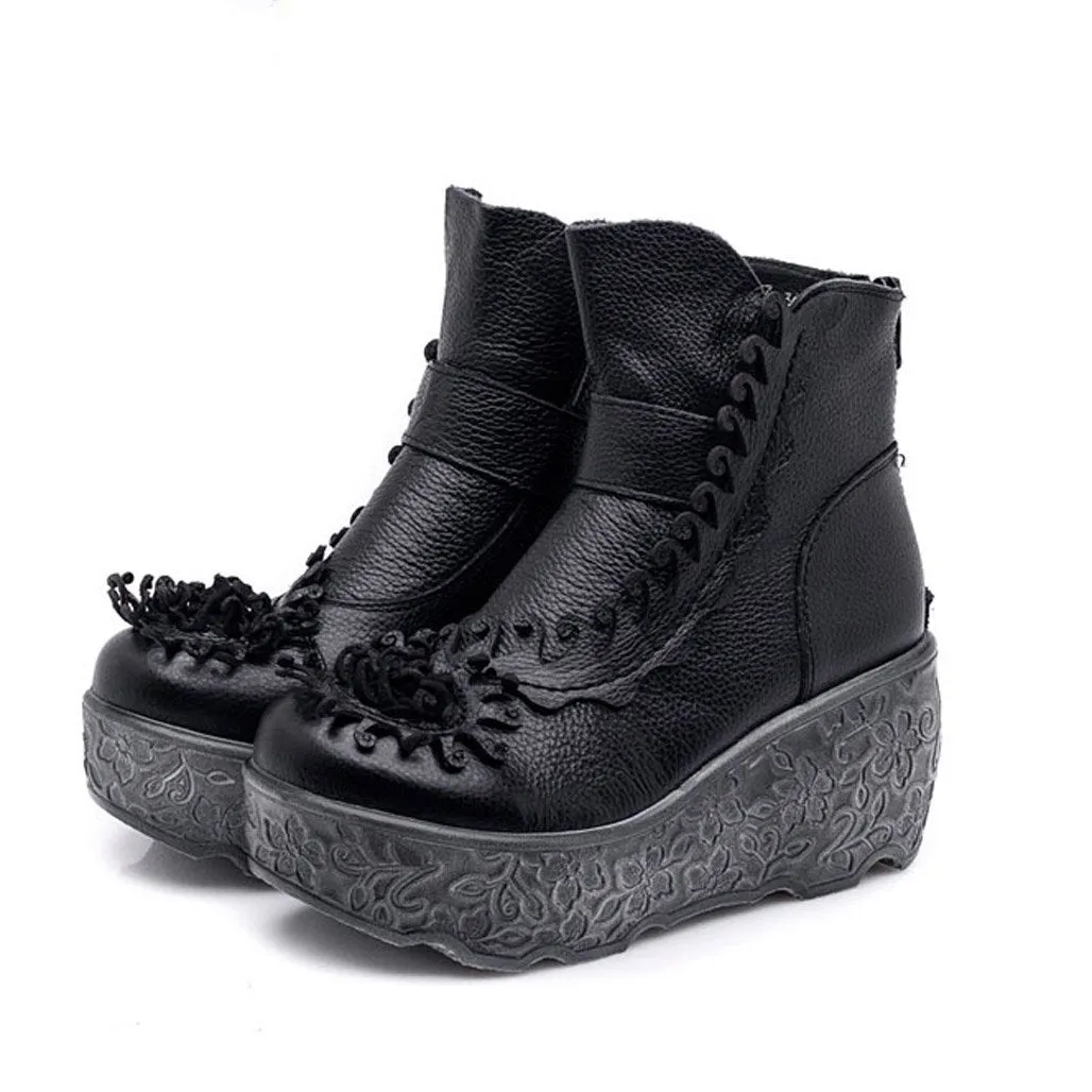 Ethnic Style Carved Platform Wedge Boots