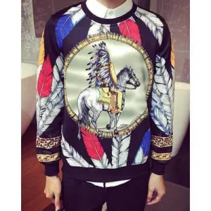 Ethnic Style Feather and Man 3D Printed Round Neck Long Sleeve Men's Sweatshirt - L